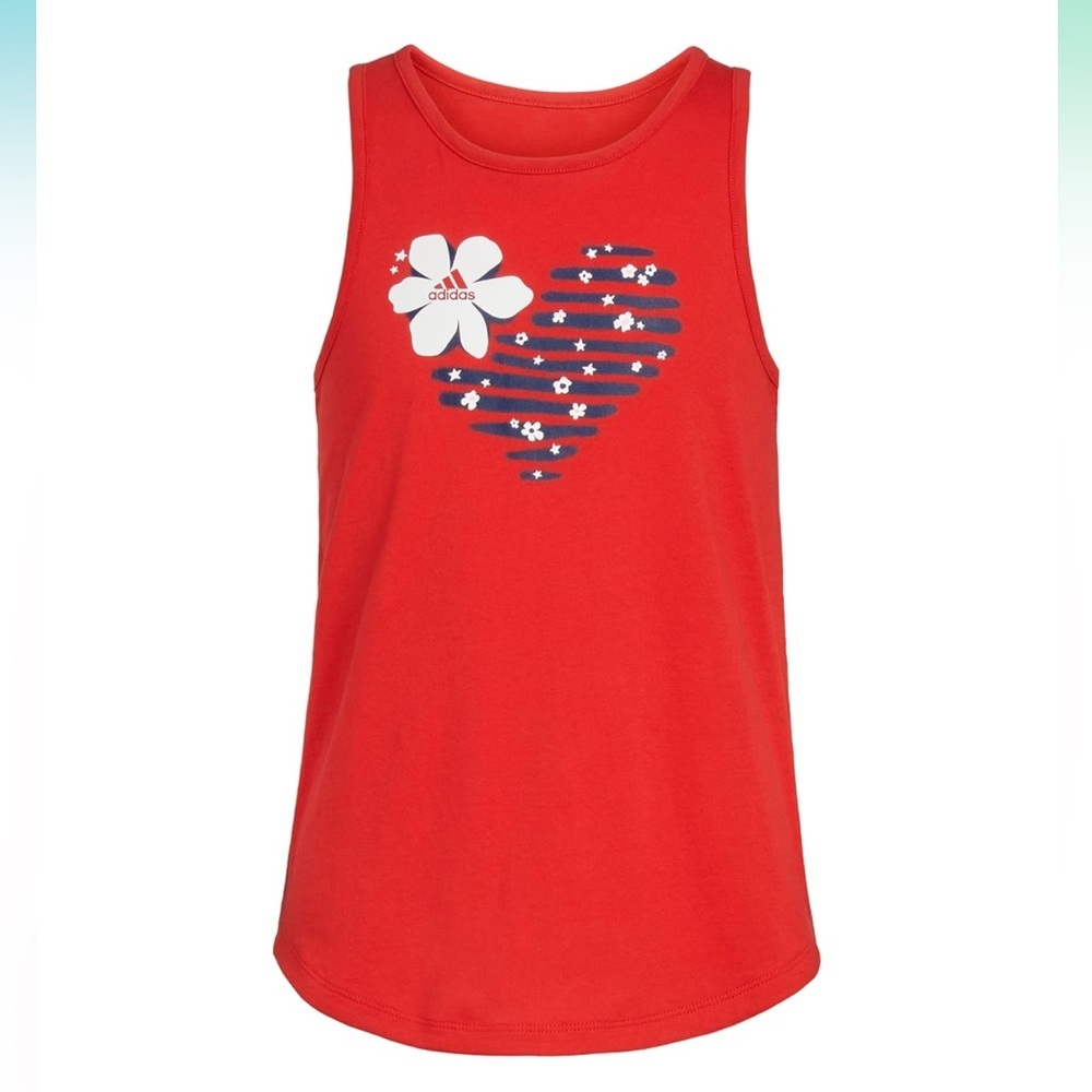 NEW Adidas Girls Red Floral Heart Graphic Tank‎ Top Curved Hem Large 14